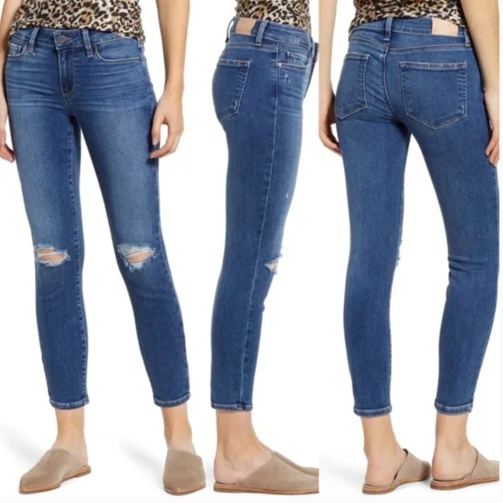 PAIGE Verdugo Crop Ankle Skinny Jeans Spence Destructed – Blue, Size 28